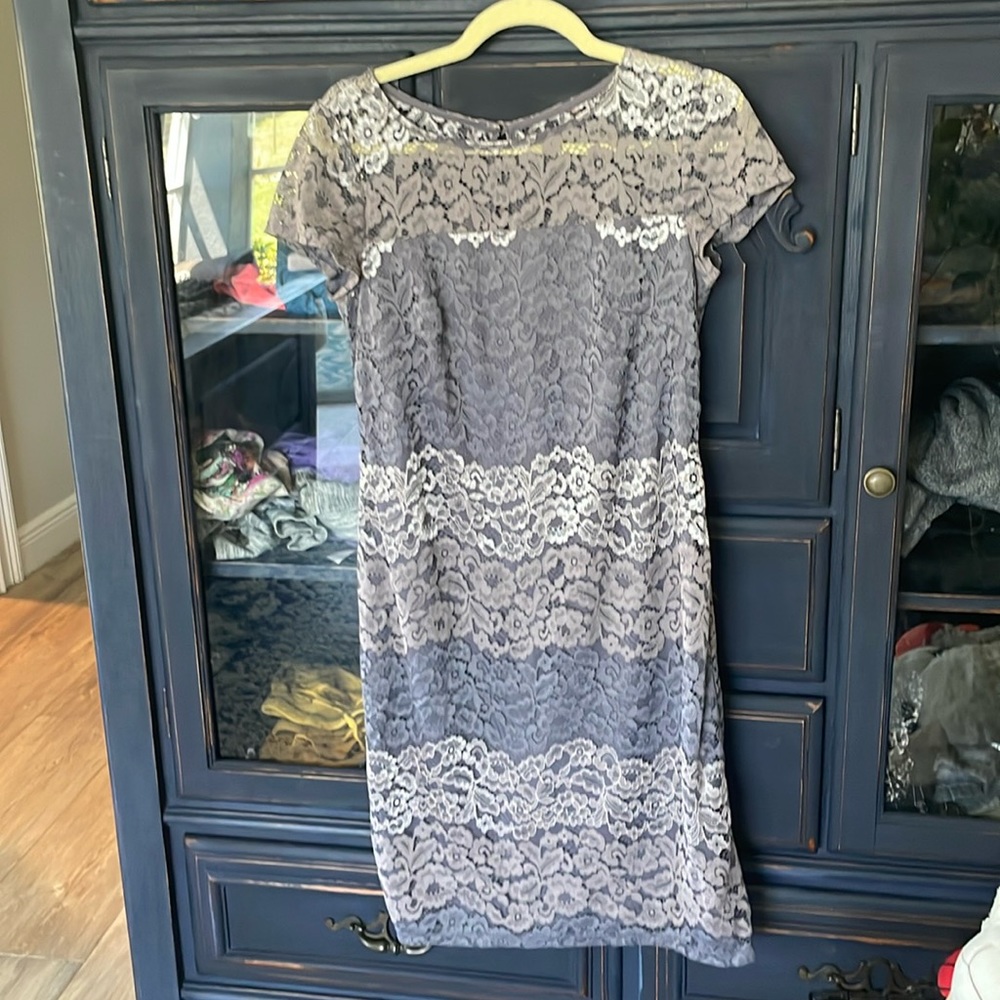 Grey lace dress for evenings out, prom, weddings, or to work.